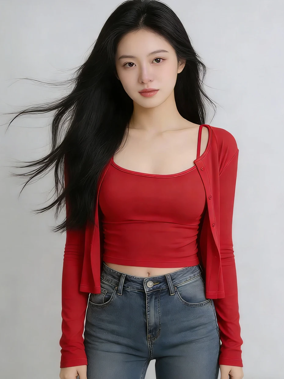 

Red Knitted Belted Cardigan Women's Slim Fit Spring 2026 New Style Two-Piece Set Versatile Long Sleeve round Neck Polyester F...