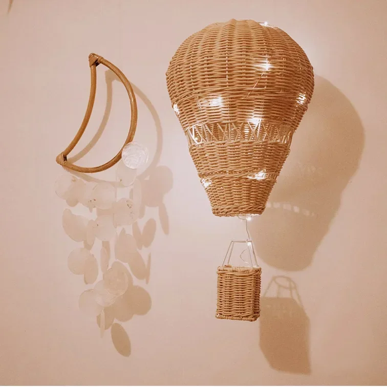 Handmade Natural Rattan Hot Air Balloon Wall Decor Weaving Ornament for Kids Room Nursery Boho Home Decorative Gift
