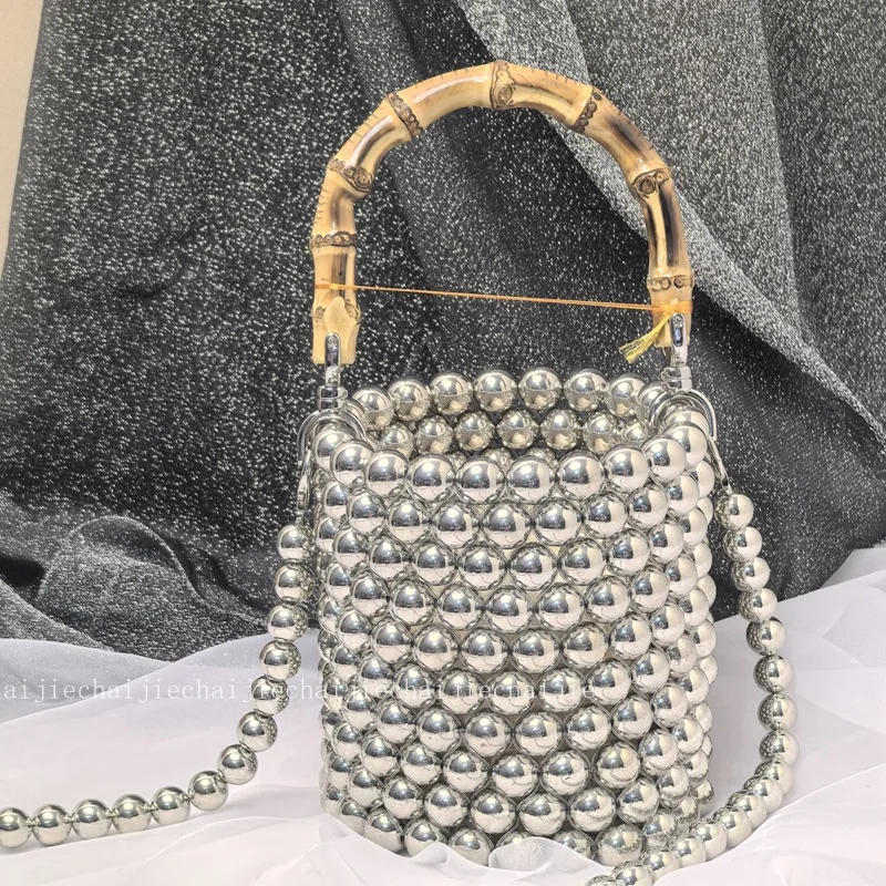 New Fashion Bucket Bag Chain Bar Pearl Beads Premium Single Shoulder Women's Bags Banquet Banquet Ladies Handbag Customizable