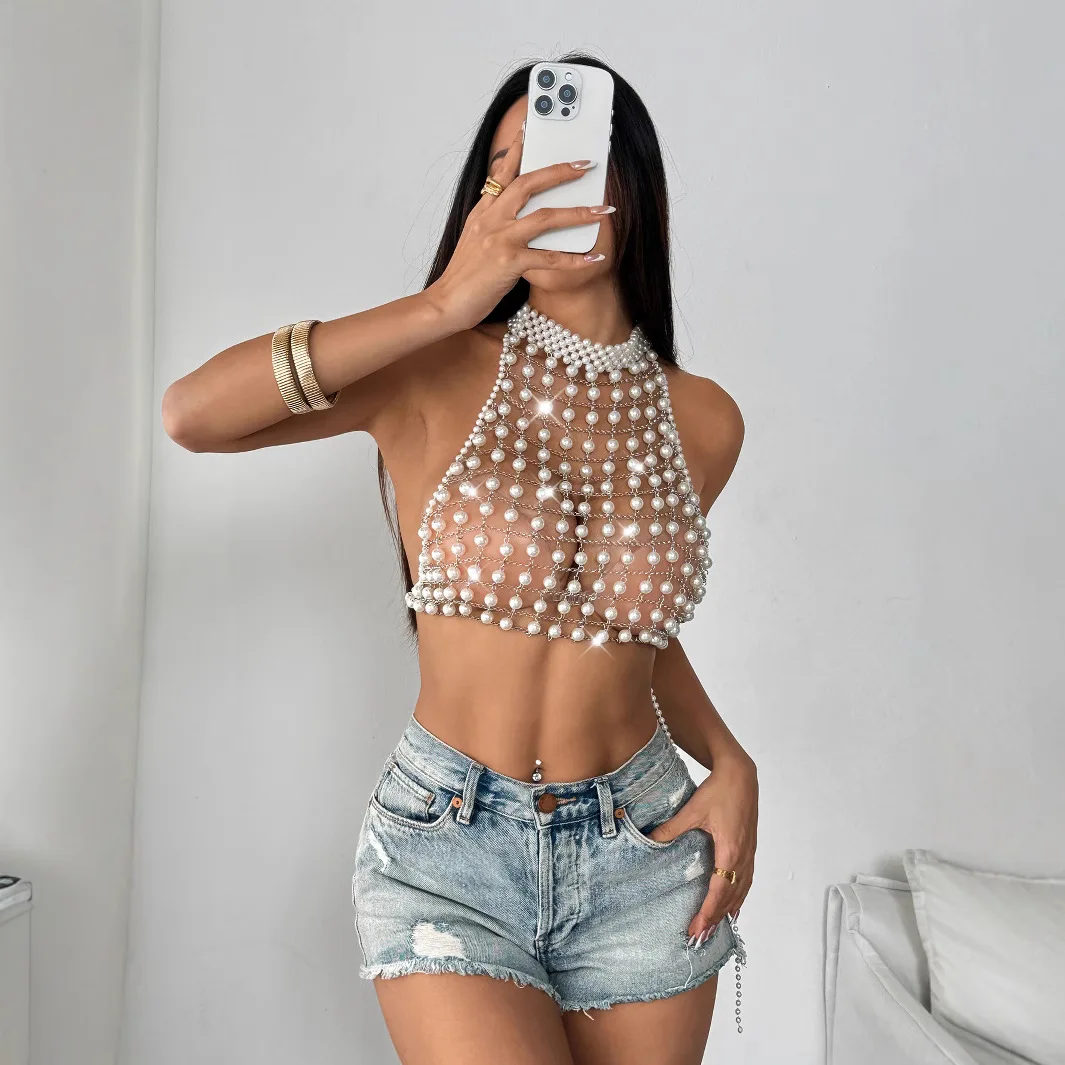 Luxury Layered Plastic Pearls Metal Chain Halter Vest Bra Chain for Women Sexy Backless Crop Tops Summber Party Body Jewelry