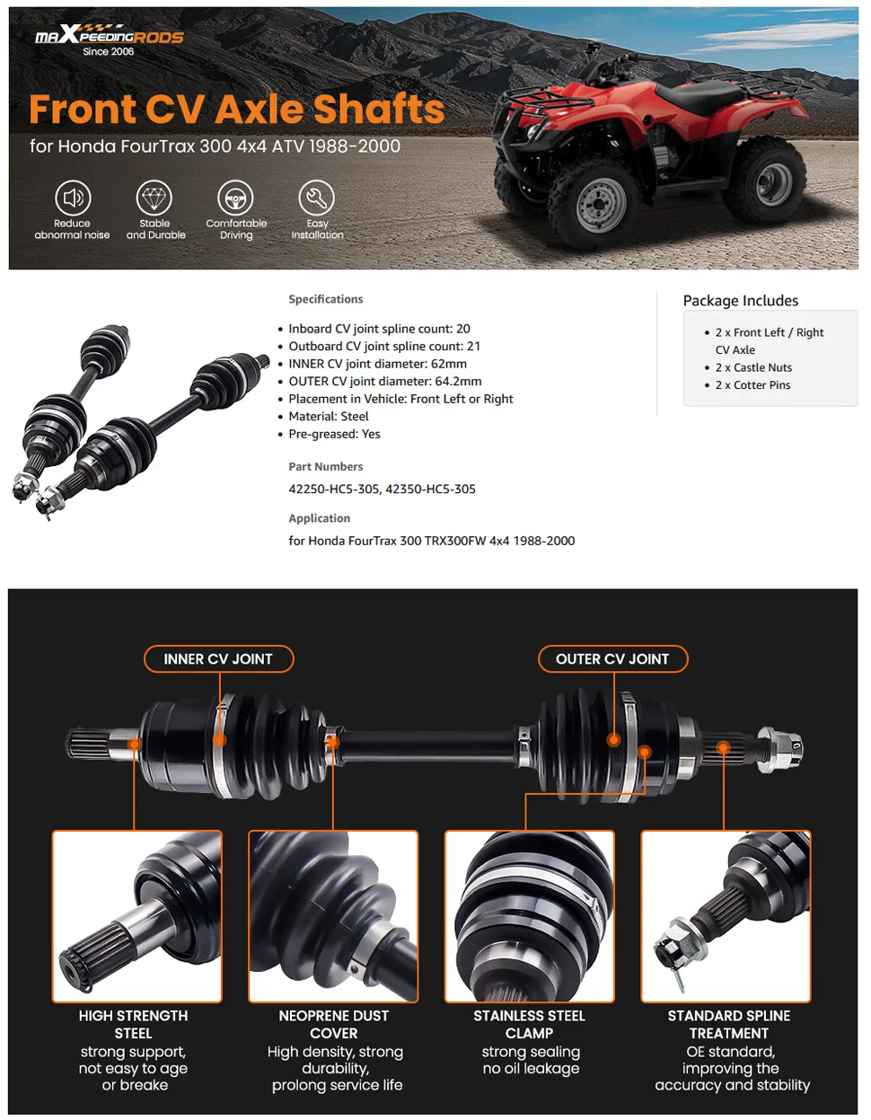 2pcs Front CV Joint Axle For Honda TRX 300 Fourtrax 4x4 ATV 42300-HC5-003 1988-2000