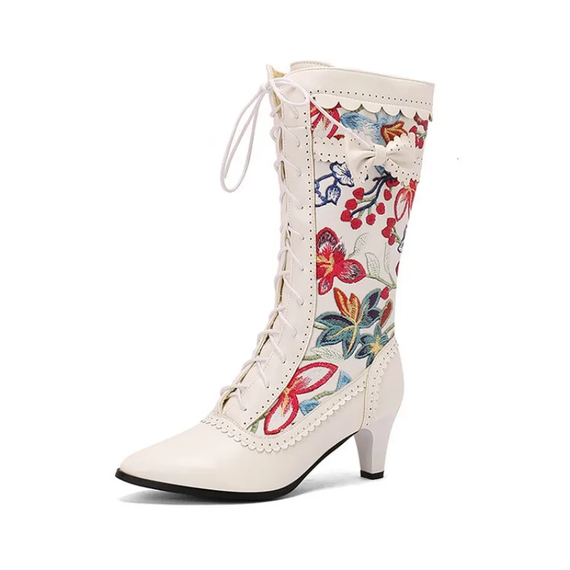 Women Lolita Brogue Mid Calf Knight Boots Printed Splicing Pointed Block Heel Front Lace Up Gothic Shoes