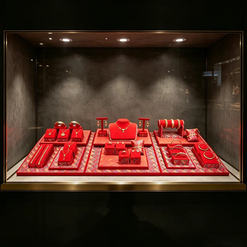 Gold Jewelry Display Stand Red Series Jewelry Display Stand with Red Velvet-Patterned Satin Fabric for a More Sophisticated Look