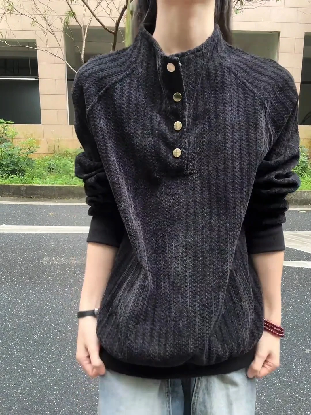 

Loose Fit Long Sleeve Hoodie Men's Black Button Stand Collar Autumn Henry Collar T-Shirt Lazy Fishbone Stripe Top Streetwear