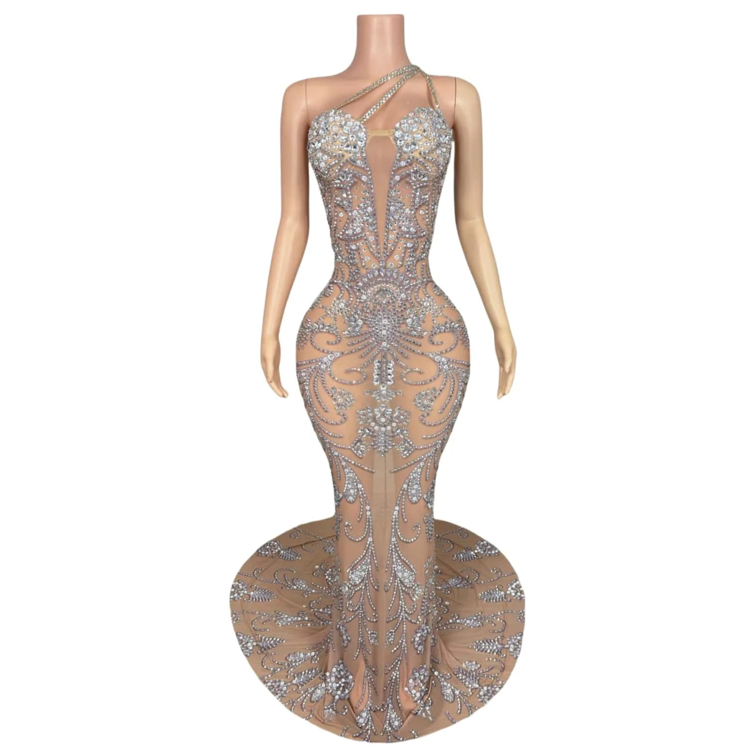 

Sexy Sloping Shoulder Floor Length Gown Rhinestone Mesh See Through Dress Female Celebrities Red Carpet Runway Dress yadan