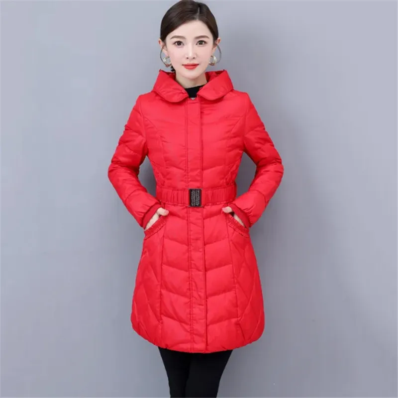 Winter Mid-Long Down Cotton Jacket Women 2023 New Loose Hooded Coat Pure Colour Fashion Girdle Outerwear Parka Overcoat Female