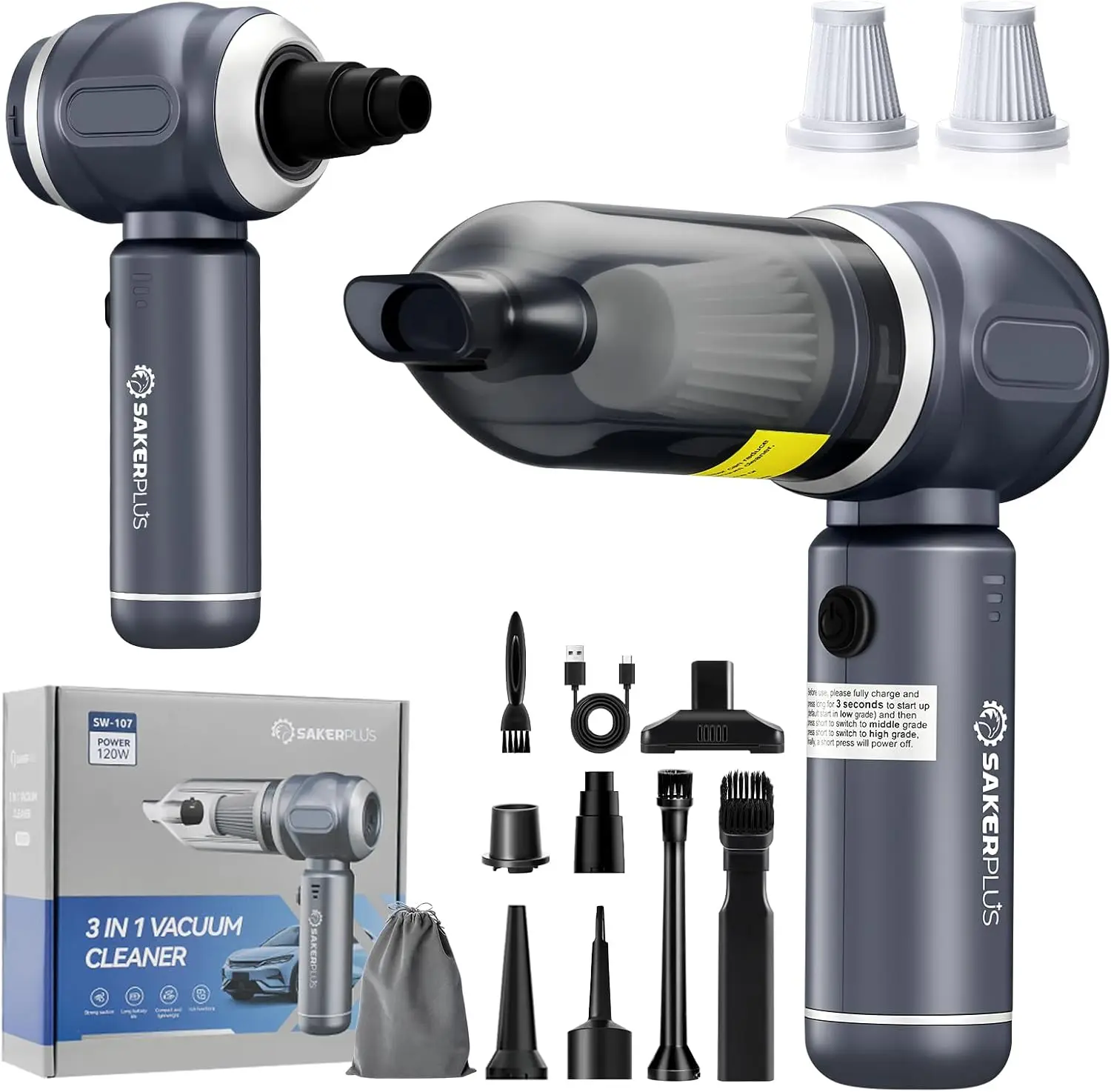 

Портативный автомобильный пылесос 3-в-1 17500PA, беспроводной ручной с всасыванием, выдувом, надуванием и дефляцией — идеально подходит для автомобиля, дома