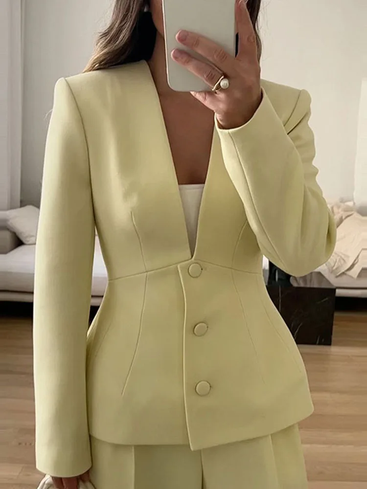

Women Fashion Single breasted Simple Outercoat 2025 Casual Long Sleeve Waist Jacket Elegant V-neck Long Sleeve Solid Blazer Tops