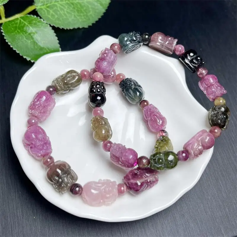 Natural Tourmaline Pixiu Carivng Bracelet For Women Men Love Gift Crystal Beads Strands Jewelry Gift 1PCS