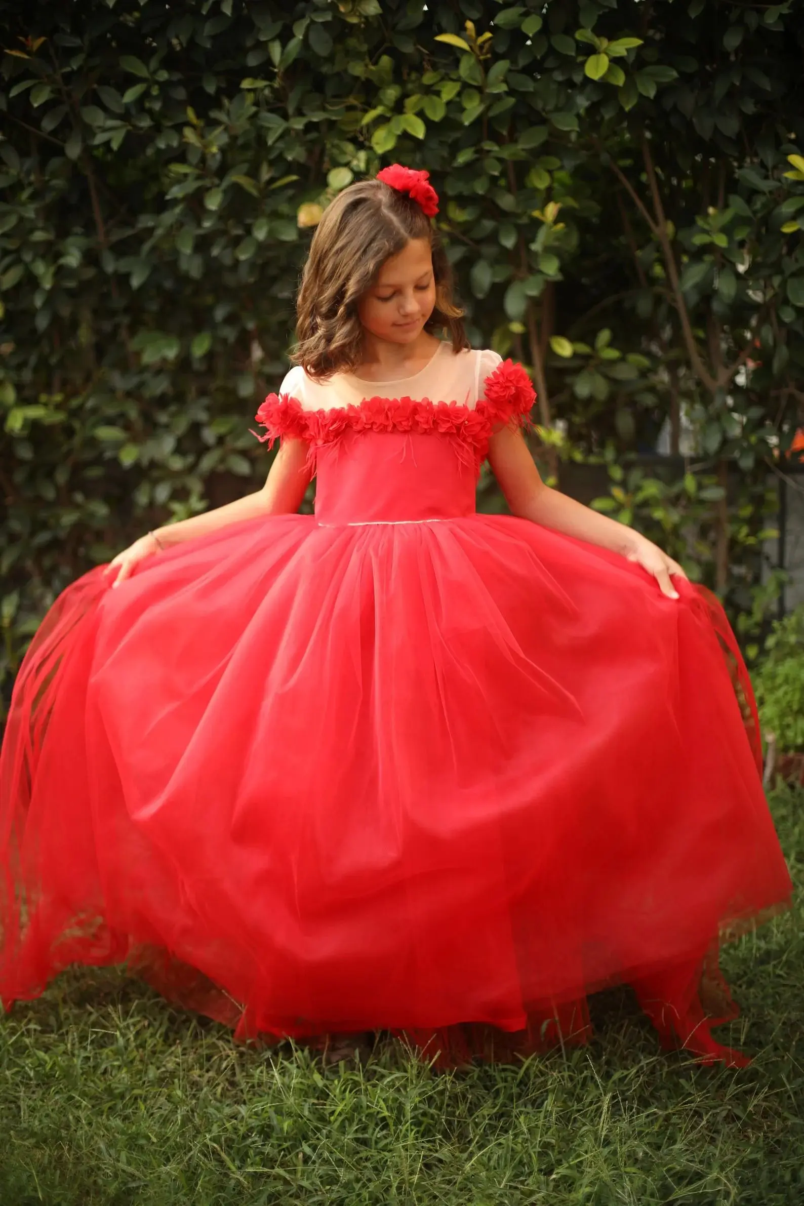 Puffy Flower Girl Dress Sweep Train Kids 3D Flowers Pageant Party Christmas Ball Gown Dresses