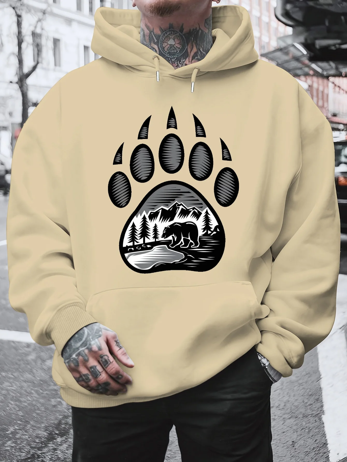 Men Bear Paw Mountain Forest Hoodie Soft Fleece Long Sleeve Wildlife Chest Print Outdoor Hiking Gift Sweatshirt