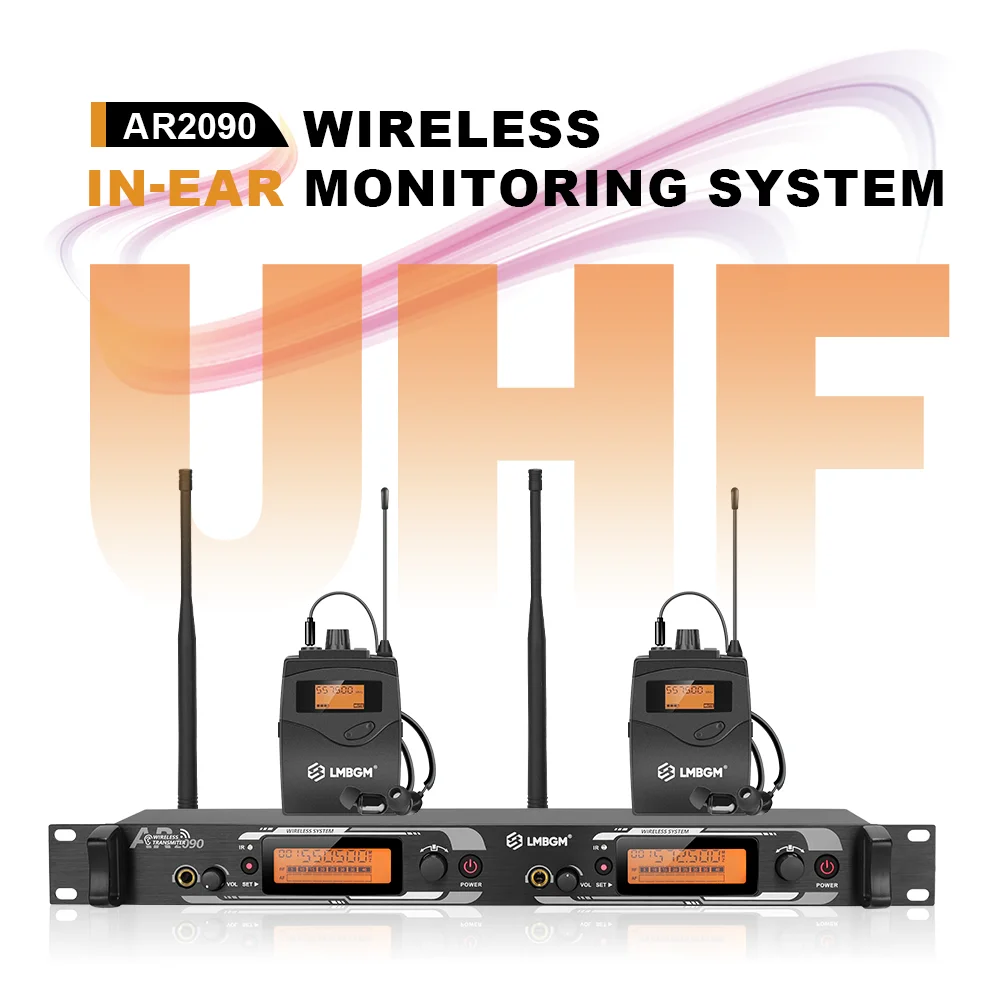LMBGM AR2090 Pro UHF Professional Wireless In Ear Monitor System Mono Audio 164FT Range Dual Channel Metal Panel Stage Monitor Infrared Pairing 16CH Selectable Frequency for Band Studio Live Performance Church Karaoke DJ Stage Shows (2 Beltpack Receivers)