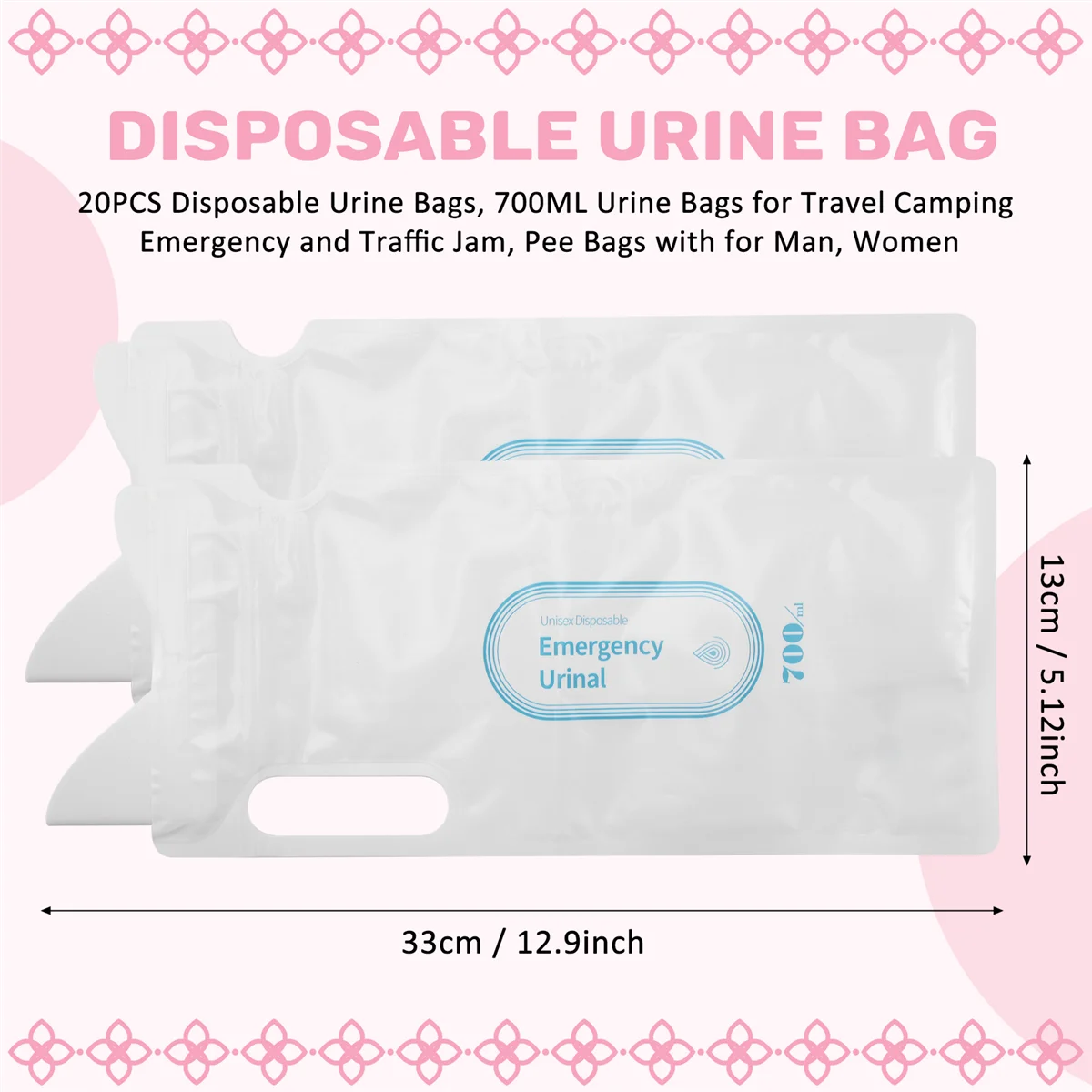 새로운 20개입 일회용 소변 주머니, 여행 캠핑 응급 및 교통체증용 700ml 소변 주머니, 남녀 공용 소변 주머니