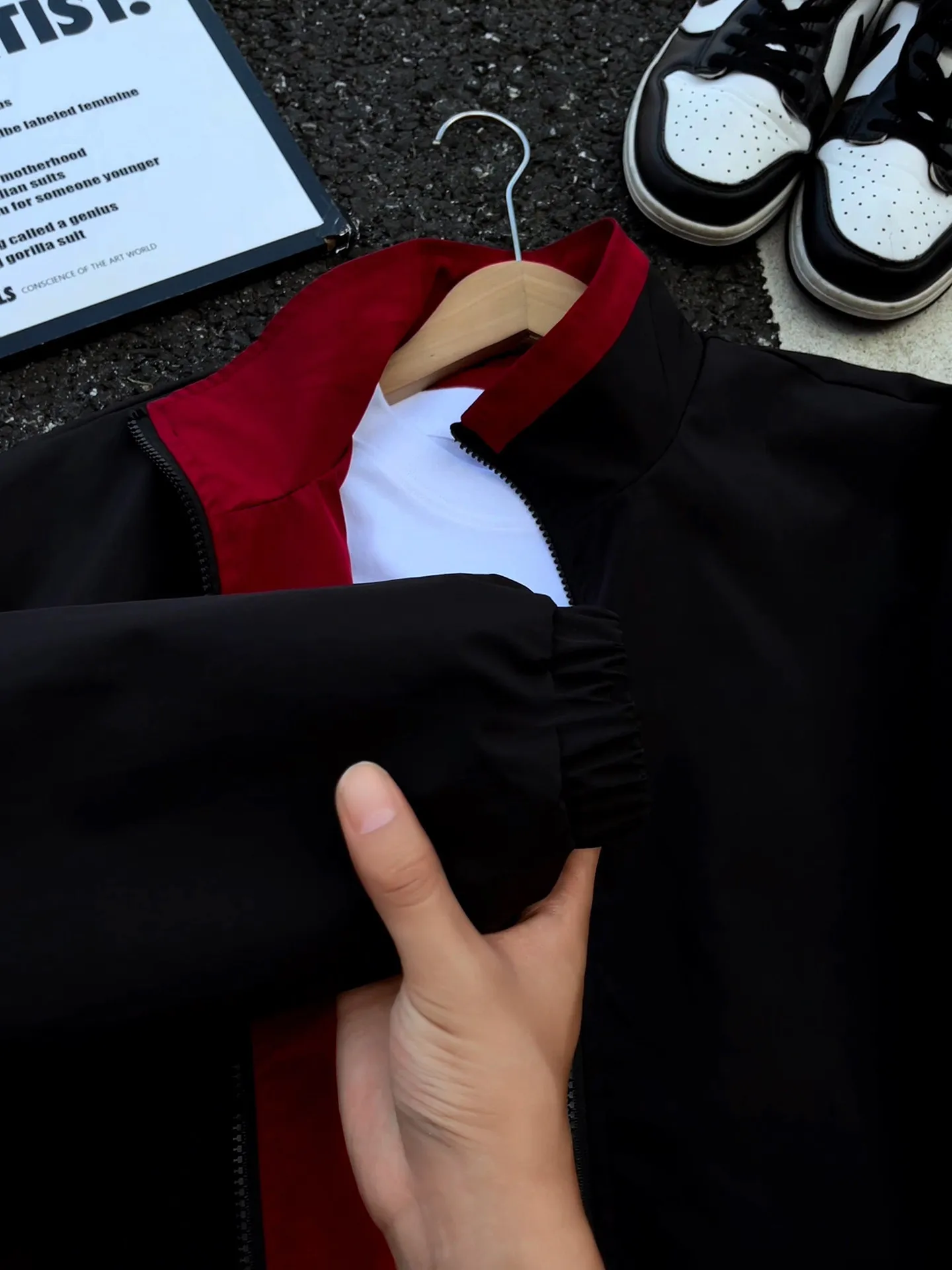 Men's Workwear Jacket Black Red Color Block Stand Collar Three-Proof Flight Short American Style Baseball Game High-End Feeling