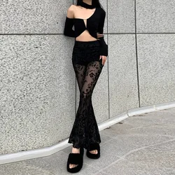 Fashion Skinny Sexy Lace Hollow Out Slim Spicy Girl Flare Pans Women Black Perspective Embroidered Elastic High Waist Trousers