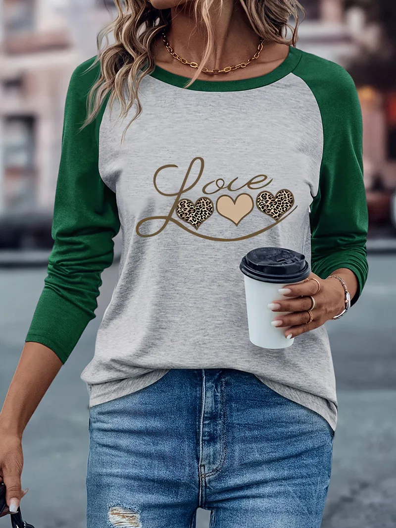 Casual Love Heart Print  Long Sleeve T-shirt Graphic Tee Shirt Winter Autumn Long Sleeved Comfortable T Shirt Woman