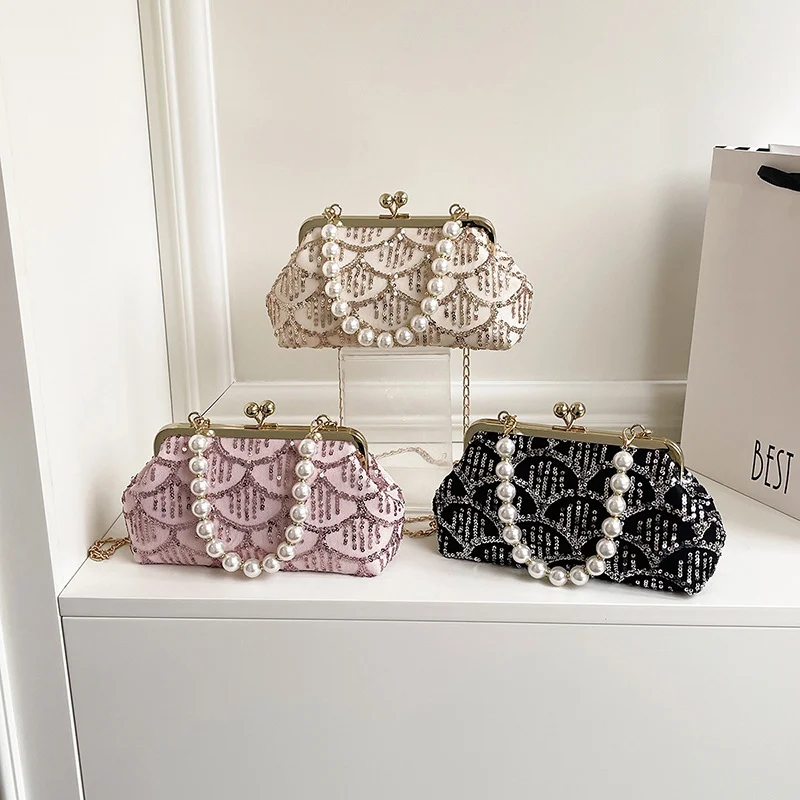 

Elegant Pearl Sequin Banquet Handbag Clip One Shoulder Bags Women Fashion Chain Crossbody Bag Party Clutch Birthday Gift Gift