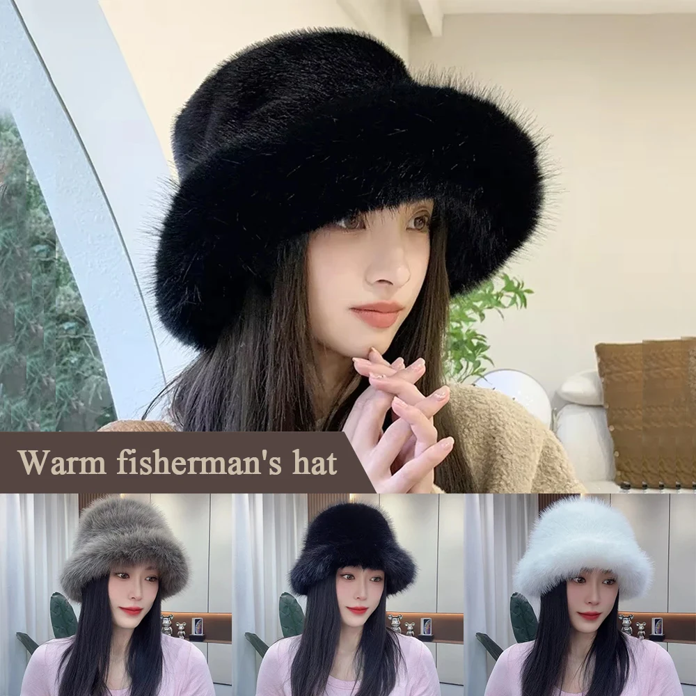 

Bucket Hat Faux Fur Women Women's Hat Soft Fluffy Thicken Ear Protection Cap Luxury Versatile Casual Plush Women's Winter Hat