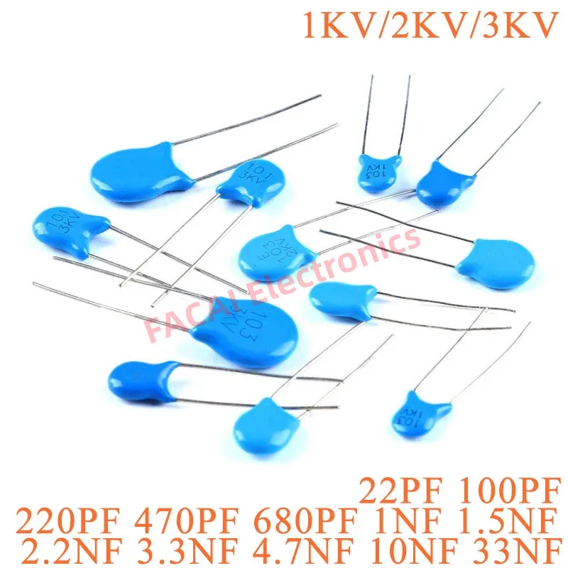 100pcs High Voltage Ceramic Capacitor 3KV 2KV 1KV 22PF 100PF 220PF 470PF 680PF 1NF 1.5NF 2.2NF 3.3NF 4.7NF 10NF 33NF Capacitance