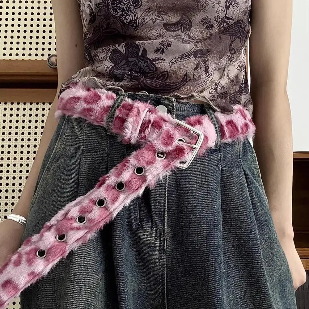 Retro Leopard Print Faux Fur Belt Y2k Pink Fur Belts Punk American Sexy Women's Waistband Winter Fluffy Waist Belt Accessories