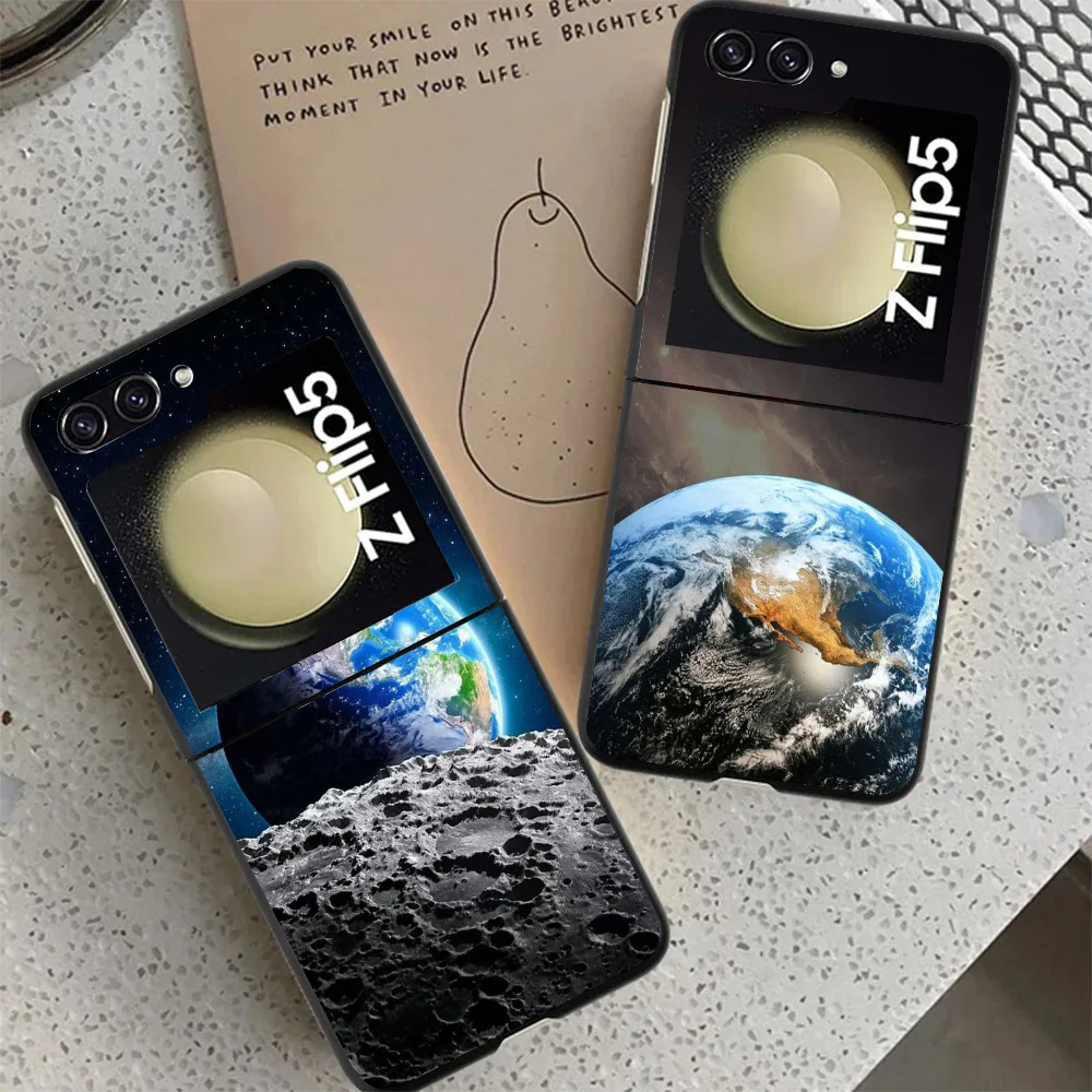 Earth Stars Space Phone Case For Samsung Z Flip 6 5 4 3 Galaxy ZFlip6 5G Flip5 Flip4 Black Hard Camera Protective Cover