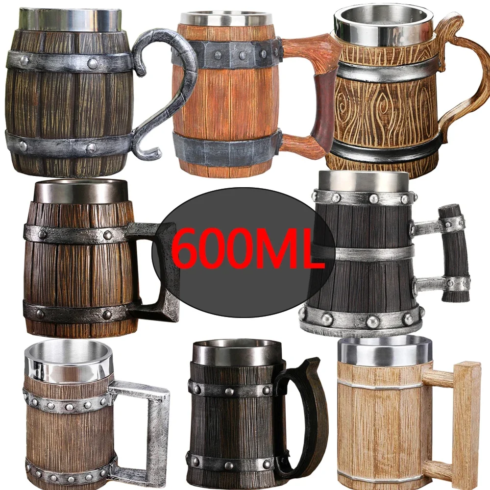 Wooden Barrel Beer Cup Stainless Steel Coffee Mug Viking Style Vintage Beer Mug Double Wall Drinking Cup Halloween Bar Drinkware
