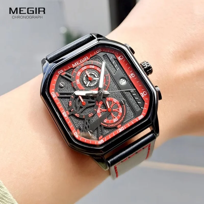 Megir 8106 esportes relógios de quartzo para homem calendário luminoso cronógrafo casual pulseira de couro à prova dwaterproof água moda relógio masculino