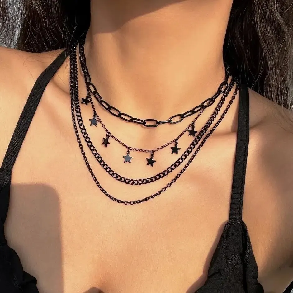 4Pcs/Set Goth Black Star Tassel Pendant Choker Naszyjnik dla kobiet Vintage Regulowany metalowy łańcuszek Y2K Biżuteria Akcesoria Prezent
