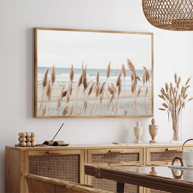Multiple sizes 1pc frameless Canvas Painting,Seashell Beach Soft Blue Ocean Grass Minimal Coastal Poster Canvas Painting Print N