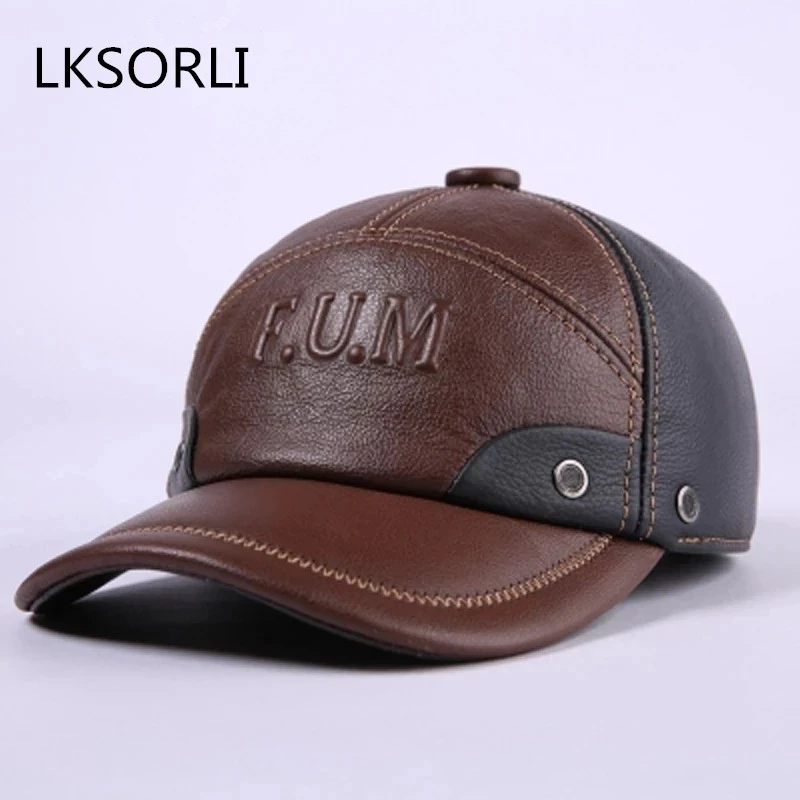 New Winter Genuine Leather Patchwork Baseball Caps For Men Warm Cowhide Golf Peaked Dome Hats Male Letters Adjustable