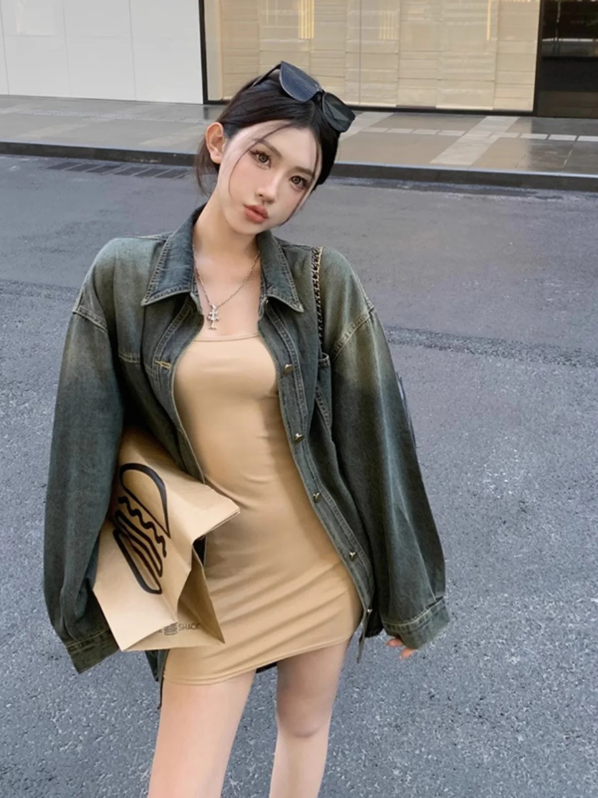 

Denim Coat High Quality Big Pearl Womens Fall Double-Breasted Cropped Appliques College Minimalist Patchwork Drawstring Young OL