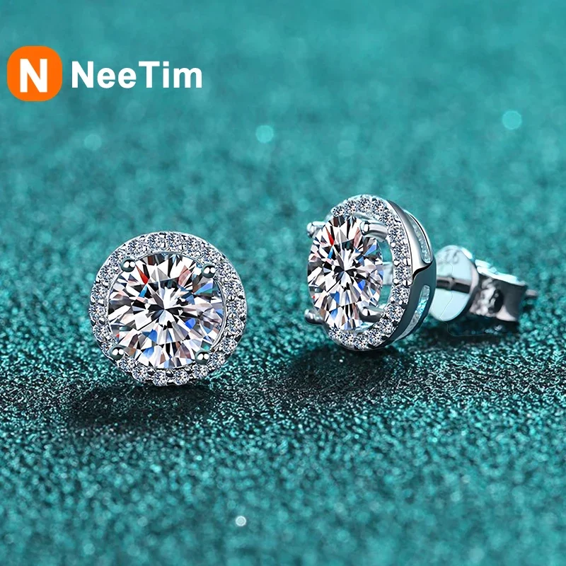 NeeTim Moissanite Stud Earrings for Women S925 Sterling Silver White Gold Plated Diamond Earring Ear Studs Wedding Fine Jewelry