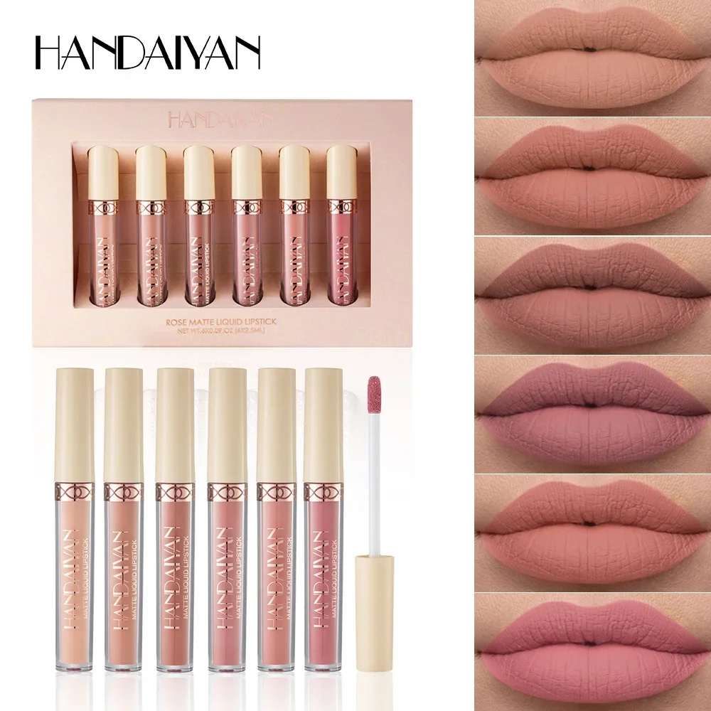 HANDAIYAN 6 色リップグロスセット液体口紅セット長期的なローズベルベットマット防水ノンスティックリップグレーズ