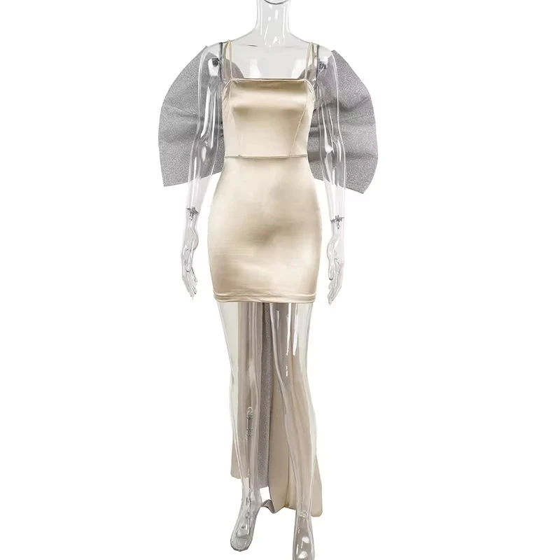 

Women Fashion Sexy Sling Dress Bowknot Clothing Tube Top Slit Smocked Back Cutout Lace Up Satin Dress 2025