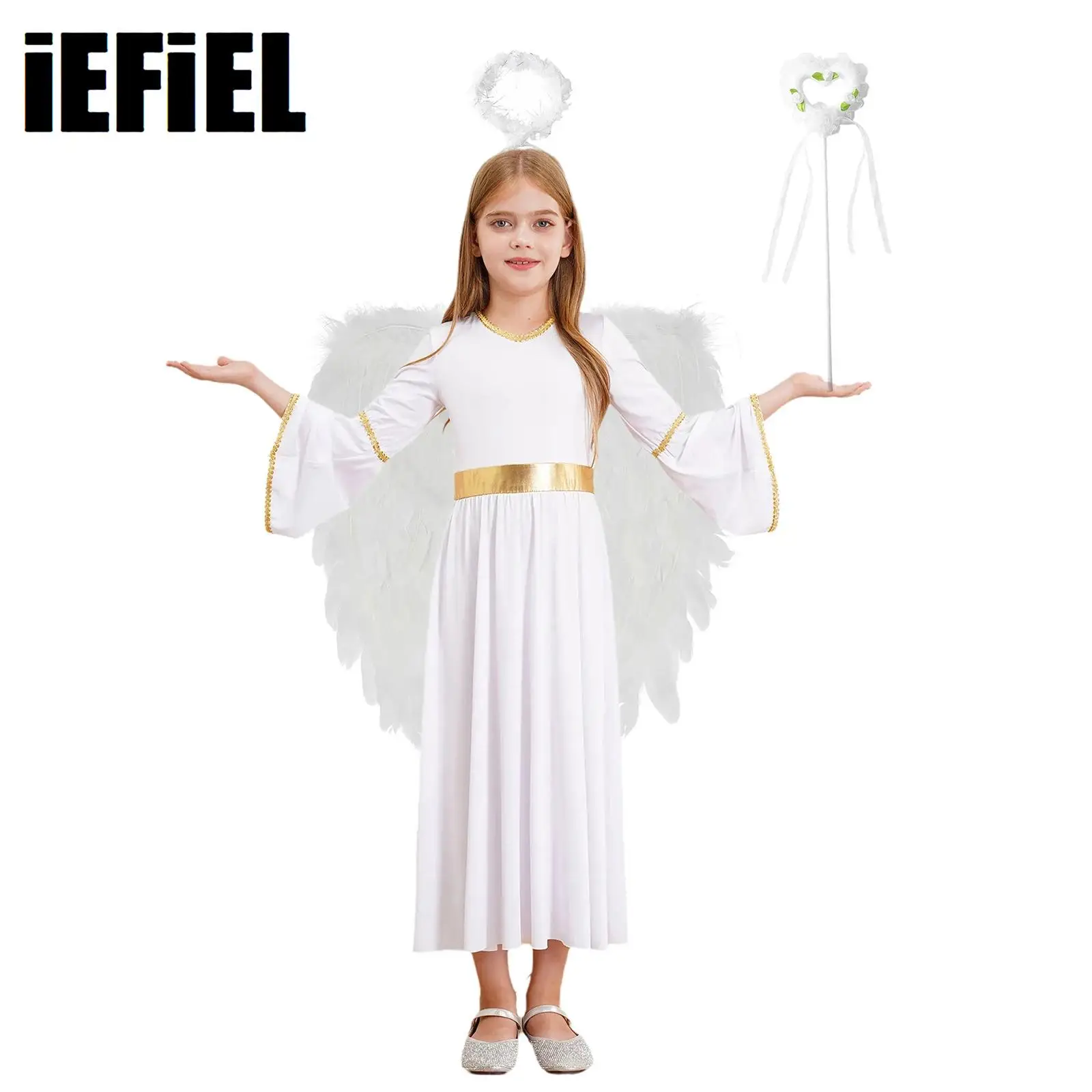 

Girls Angel Cosplay Dress with Feather Angel Wings Headband And Fairy Sticks Set Halloween Party Performance Costume