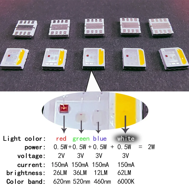 100PCS  5050RGBW LED lamp beads Power: 0.8W/2W Red, green, blue, white four-in-one LED lamp beads High quality/high brightness