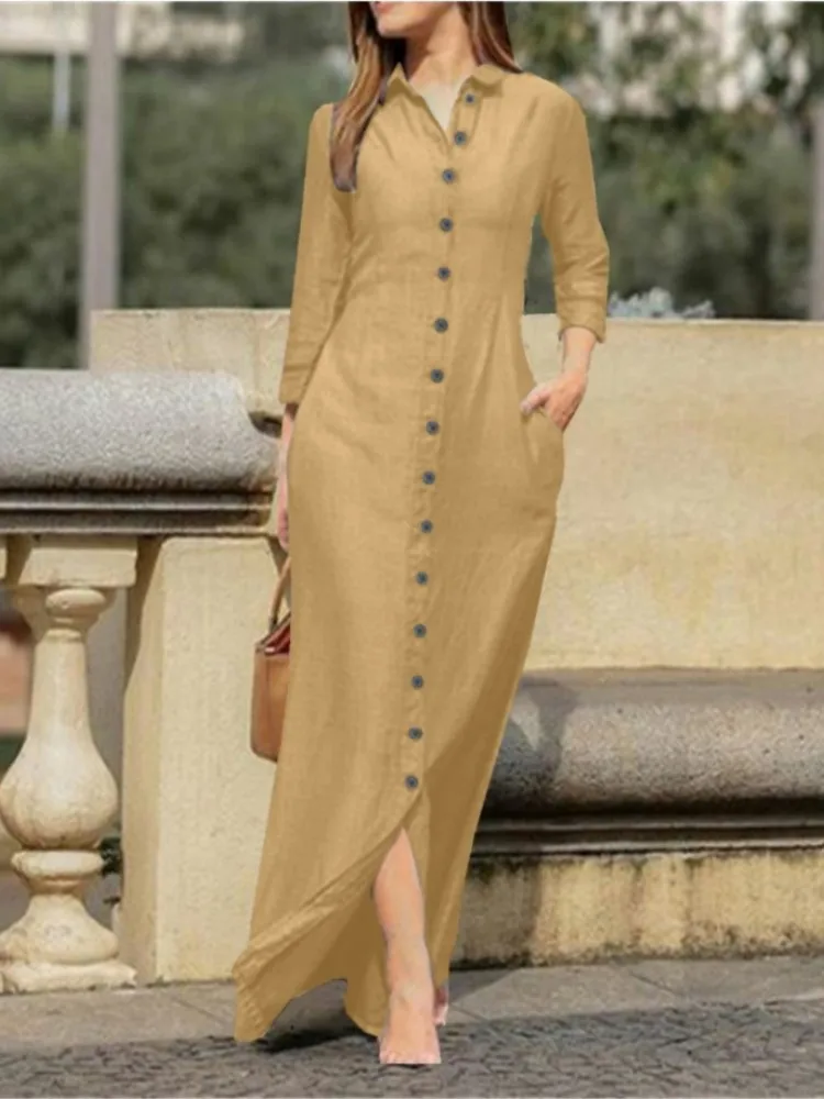 Autumn Women\'s Clothing Style Elegant Fashionable Neutral Style Long Sleeved Lapel Cardigan Solid Color Long Cotton Linen Dress