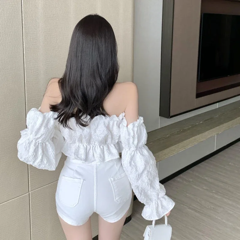 Blouse Women Sexy Trendy Slash Collar Autumn Folds Jacquard Stylish Long Sleeve Female Feminine Party Street Korean Style Crop