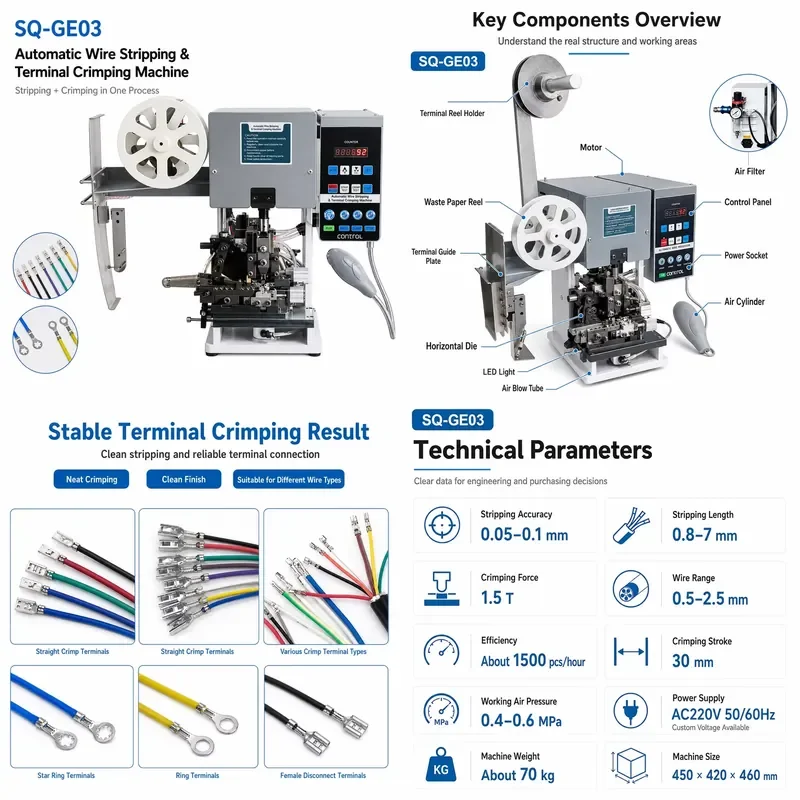SQ-GE03 Automatic Wire Stripping and Reel-Fed Terminal Crimping Machine 1.5T Applicator for 0.5-2.5mm2 Cable Factory Price
