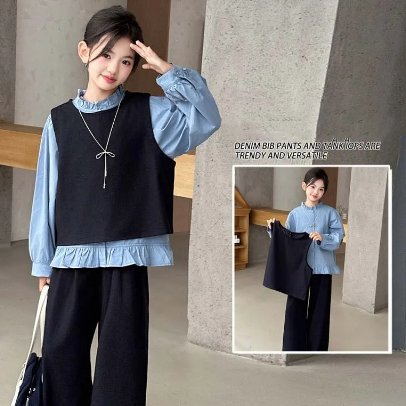 UNITIM Autumn Children Girl 3PCS Clothes Set 4-14Yrs Kids Girls Blue Shirt+vest+pant Outfit Loose Teens Girls Wide Leg Pant Suit