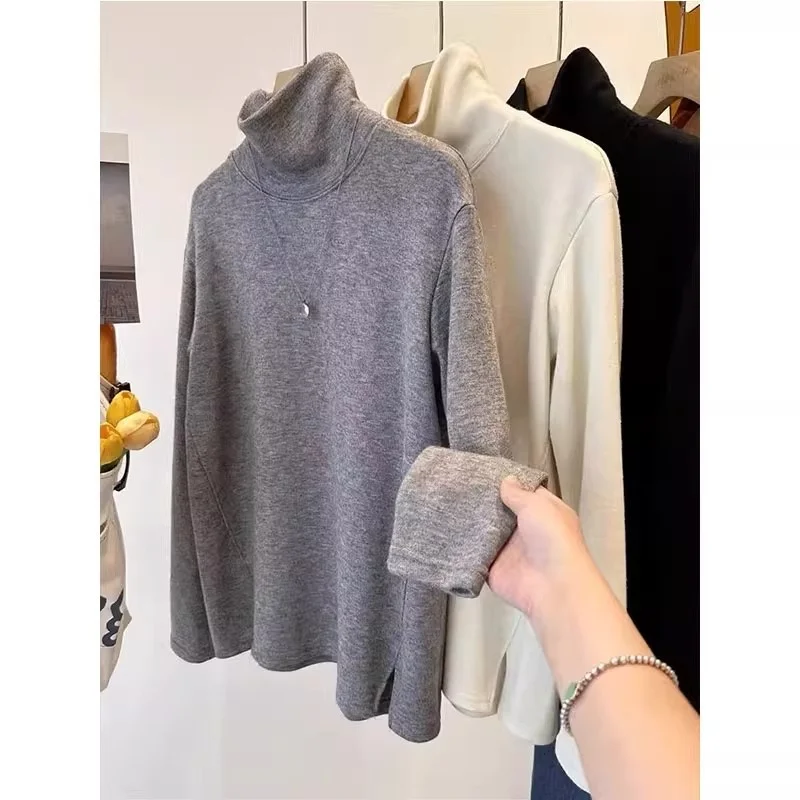 

Loose High Collar Fce Men's T-irt Korean Sle Open Split Big Size Autumn Winter Base Layer irt Warm Polyester Fabric