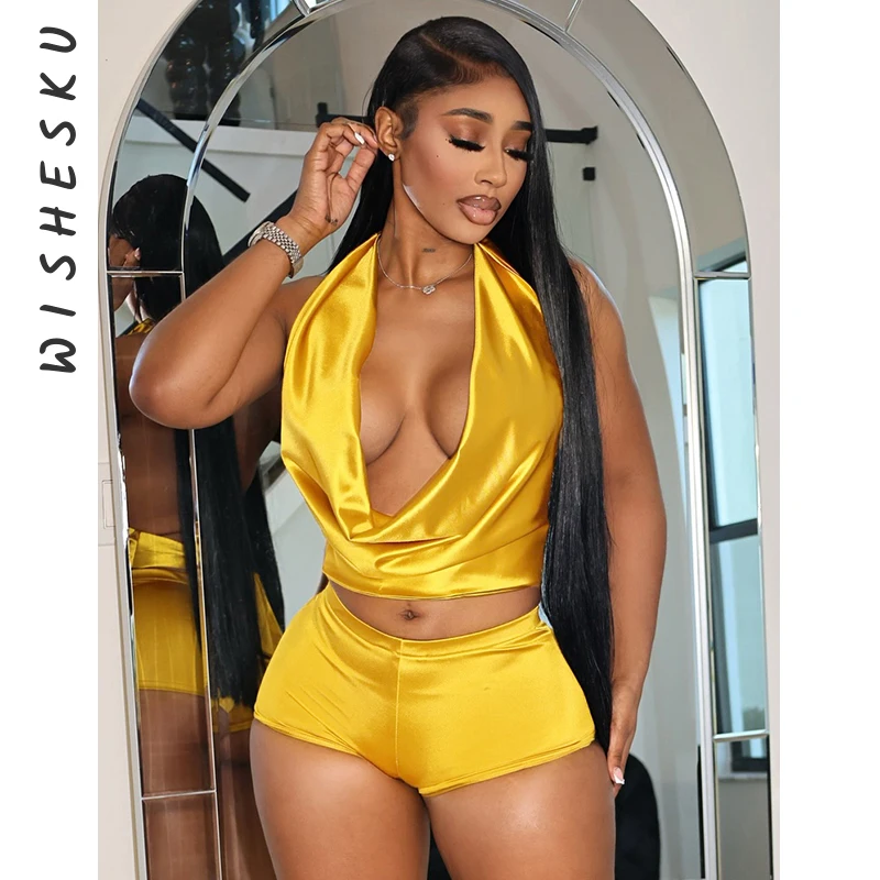 

Glossy Satin 2 Piece Set Women Sexy Swinging Collar Lace Up Halter Backless Tank Crop Tops + Skinny Shorts Clubwear Suits
