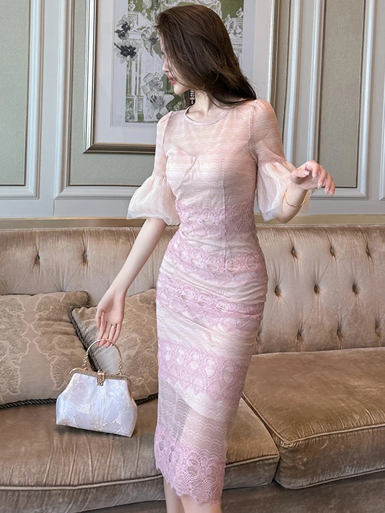 Robe de banquet d'hôte en dentelle transparente pour femme, robe mi-longue sexy, robe de fête d'anniversaire, robe éducative, rose doux, nouveau, haute qualité, 2023