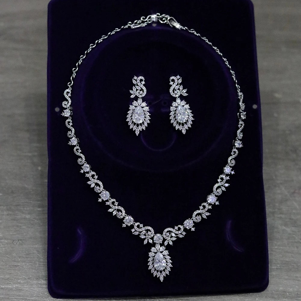 

Элегантные свадебные украшения для женщин, африканский CZ кристалл, капля воды, свадебное ожерелье, комплект, роскошный аксессуар для невесты с кубическим цирконием в Дубае