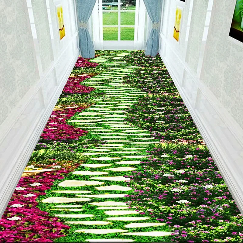 

Country Road Three-dimensional Mat 3D Creek Stone Aisle Runner Rugs Grass Flower Hotel Corridor Carpet Customizable Hallway Rug