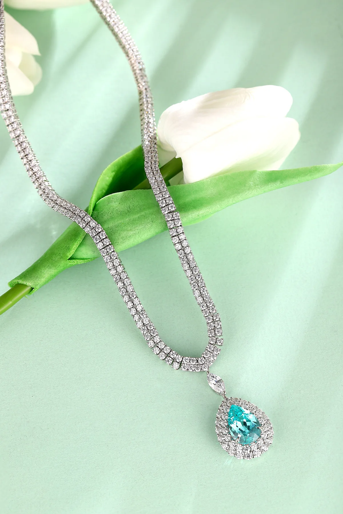 Luxury Double Halo Pear Pendant Tennis Chain S925 Silver 9*13mm Lab Created Paraiba Color YAG Custom Wedding Statement Necklace