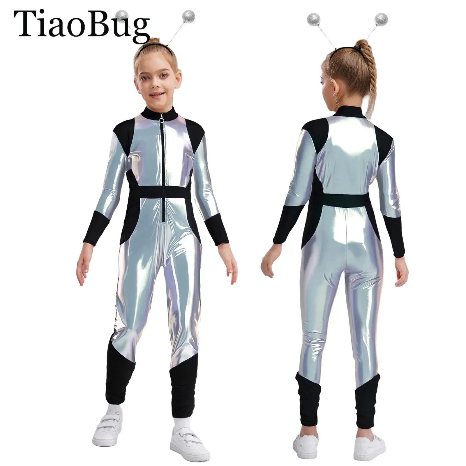 

Boys Girls Alien Cosplay Costume Metallic Shiny Outer Space Astronaut Jumpsuit with Hair Hoop Set Halloween Fancy Robot Dress Up