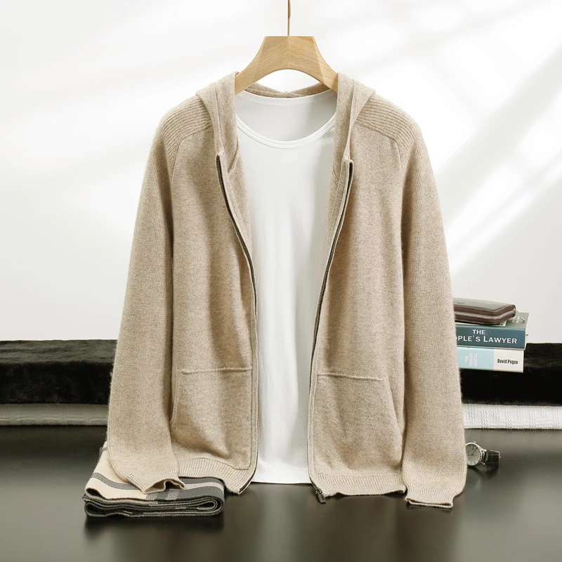 New 100% Cashmere Suit For Men Knitted Hooded Cardigan And Jogger Pants Two-Piece Set Thickened Casual Comfortable Sports Suit view 3