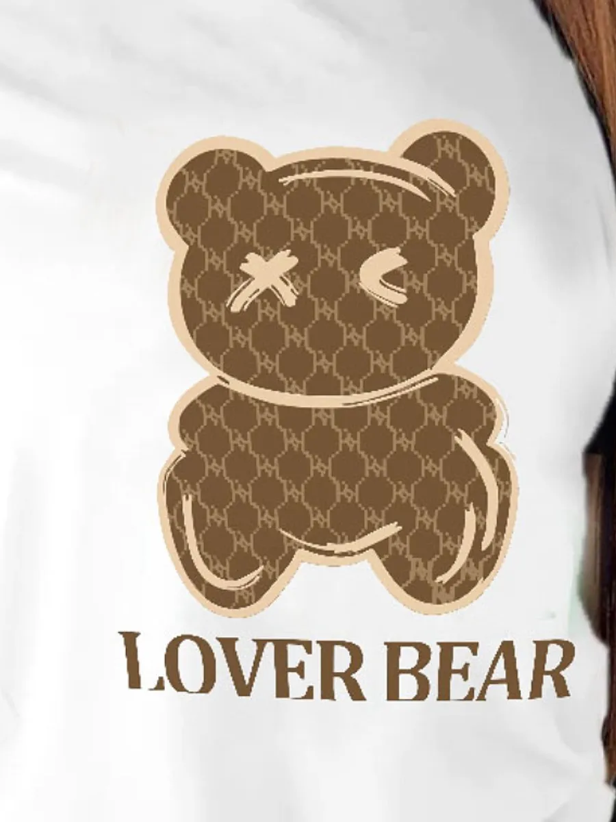 LW Plus Size Tracksuit Women Two Piece Lover Bear Letter Print Pants Set Woman Short Sleeve Tee & Sport Trousers 2PC Activewears