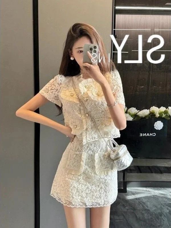 

Summer Luxury Lace Dr Set Women's Bodycon Skirt Suite Faionable Ele ort Sve Polyester Two-Piece Ensemble